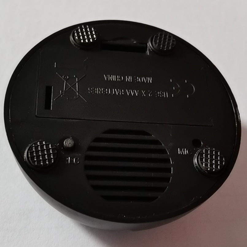 Pet button speaker sound box, black rear with speaker grille and control buttons