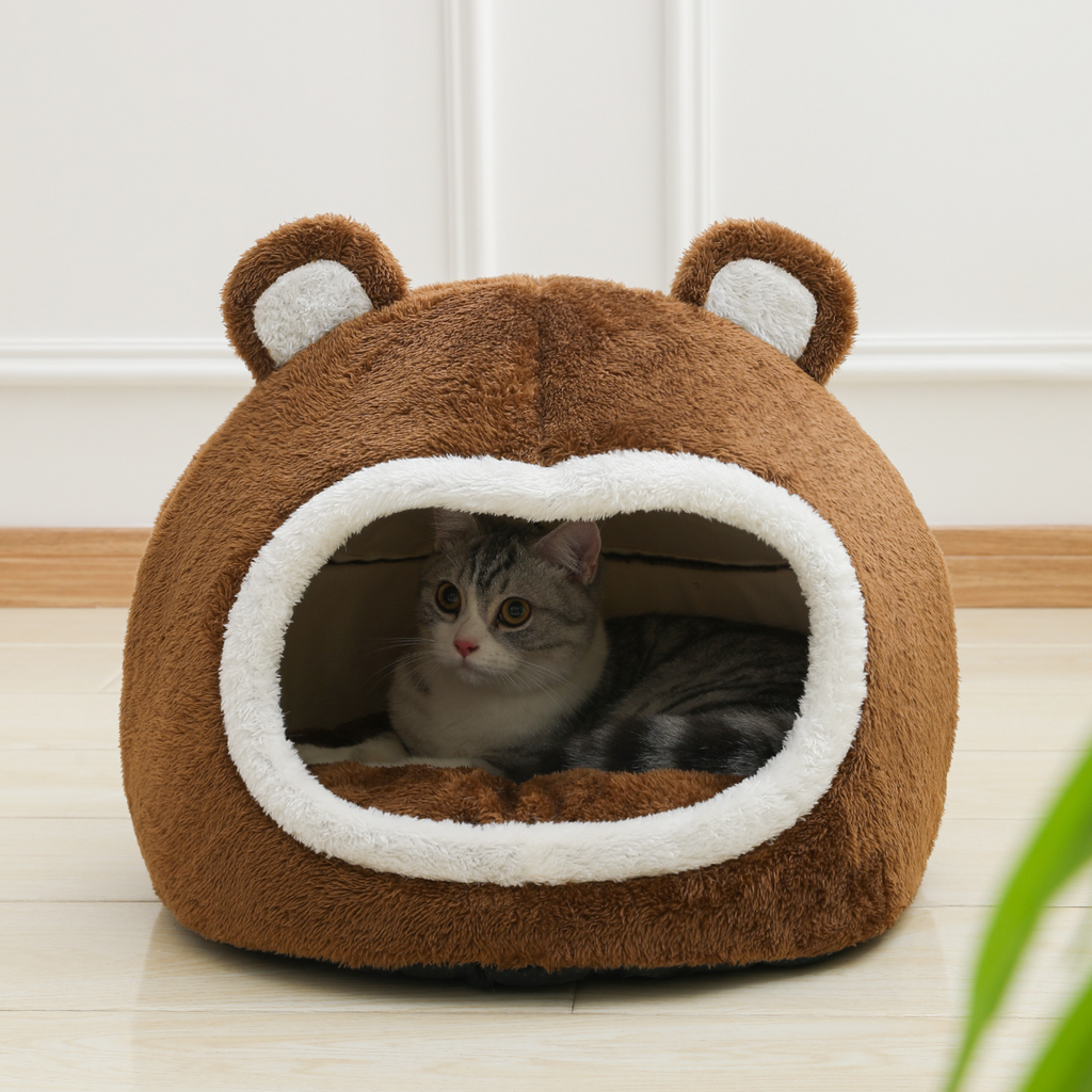 TonalFriends brown bear cat bed house with white oval entrance and plush ears