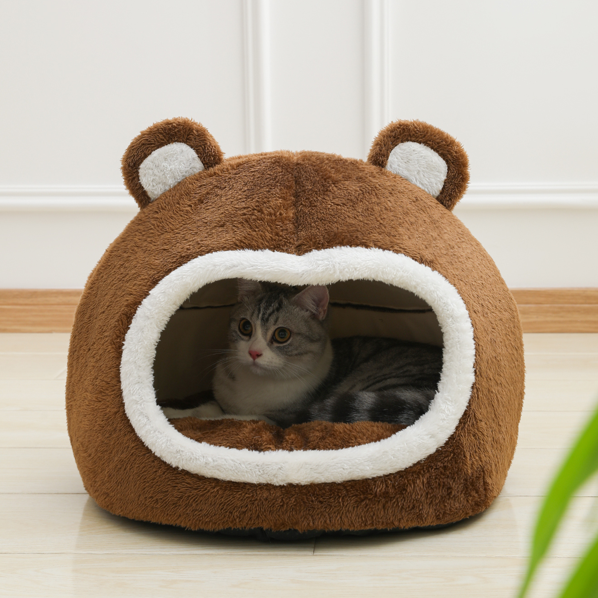 TonalFriends brown bear cat bed house with white oval entrance and plush ears