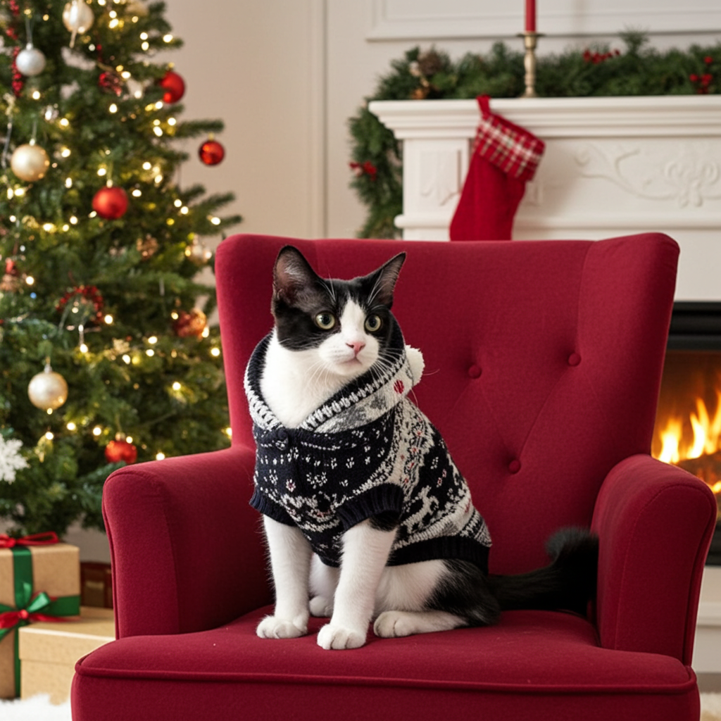 Black and white patterned pet hoodie sweater with hood on cat