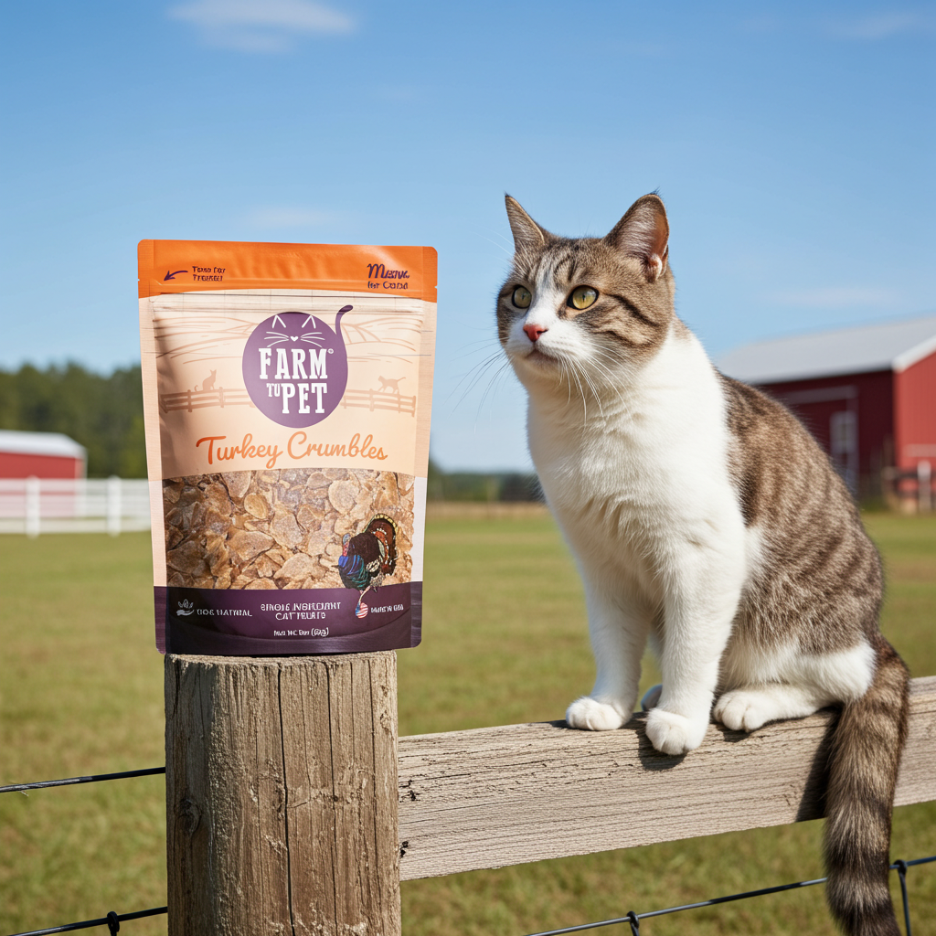 Grain-free turkey crumbles cat treats bag with cat sitting nearby