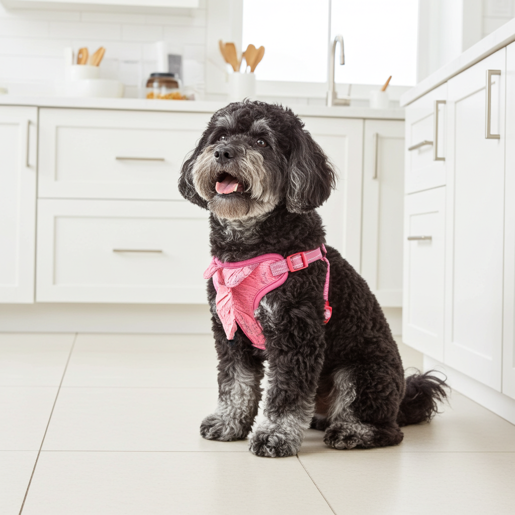Pink mesh dog harness with shaggy neck tie and adjustable straps