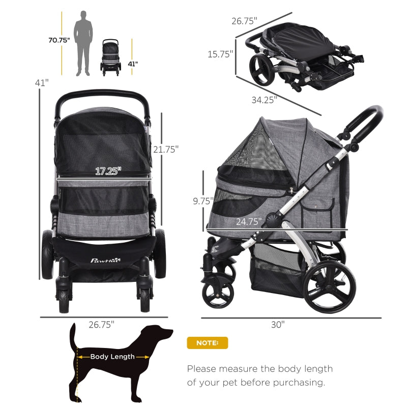 Pet stroller size diagram with gray fabric seat, black mesh canopy, and wheelbase measurements