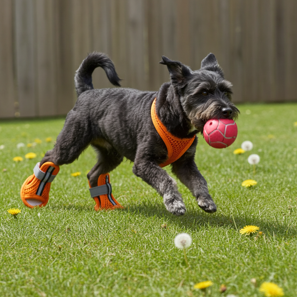 Orange water-resistant mesh dog sandals on front paws