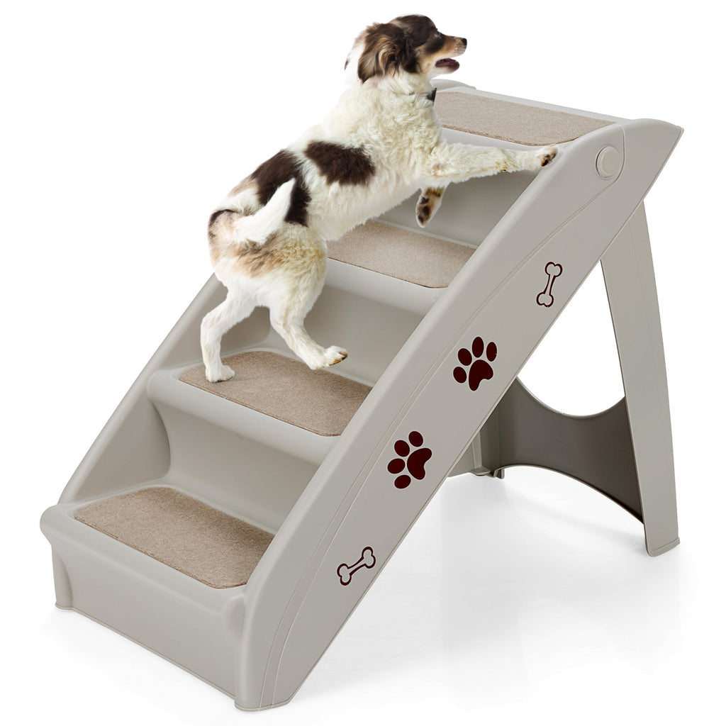 Collapsible 4-step pet stairs in light gray with carpeted treads and paw icons