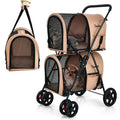 Beige 4-in-1 double pet stroller with two mesh carrier bags and front handle
