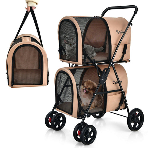 Beige 4-in-1 double pet stroller with two mesh carrier bags and front handle