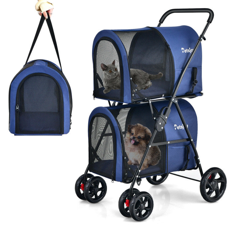 Blue 4-in-1 double pet stroller with two mesh carrier bags and large wheels
