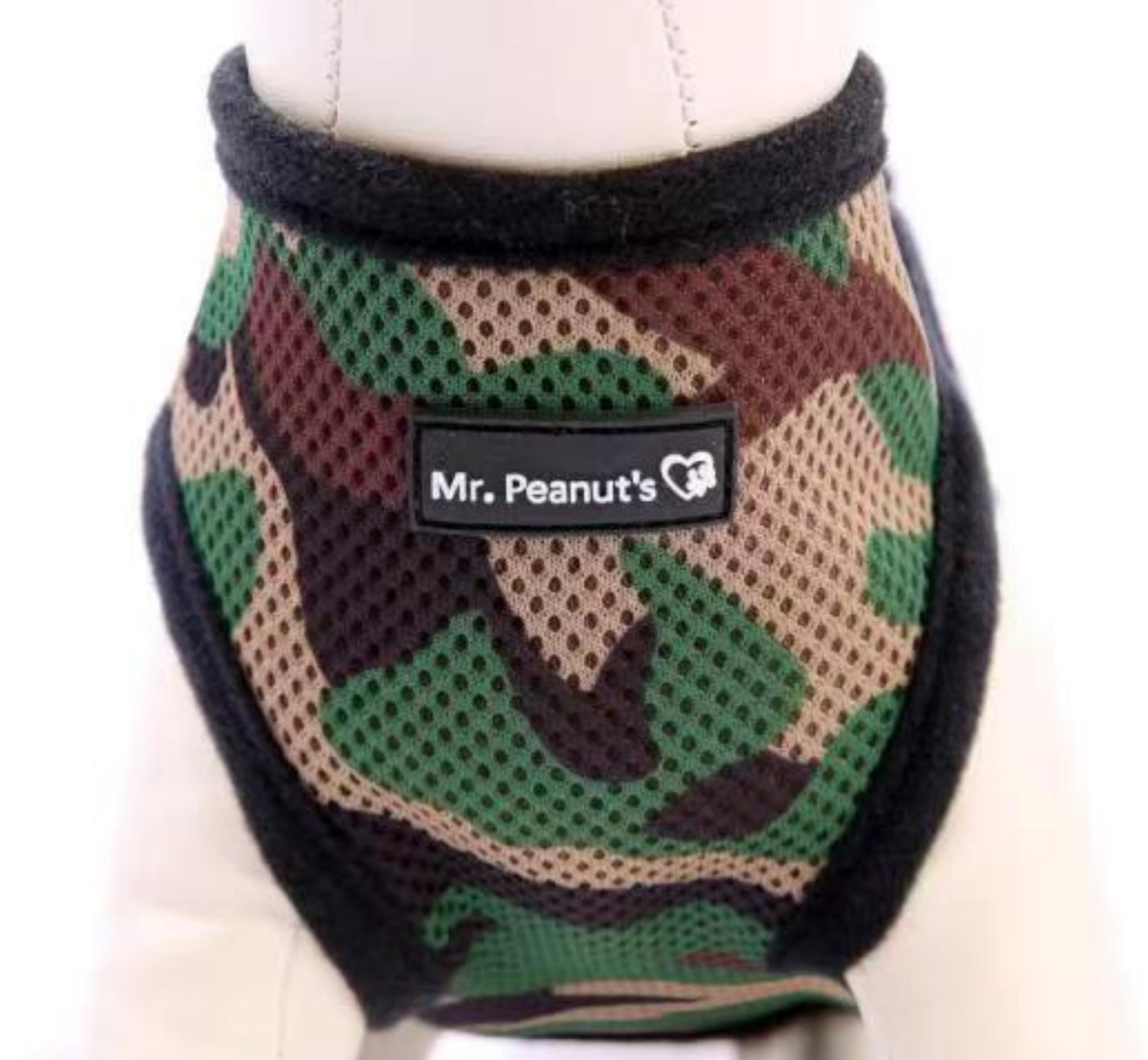 Camo breathable mesh dog harness with black border and label patch