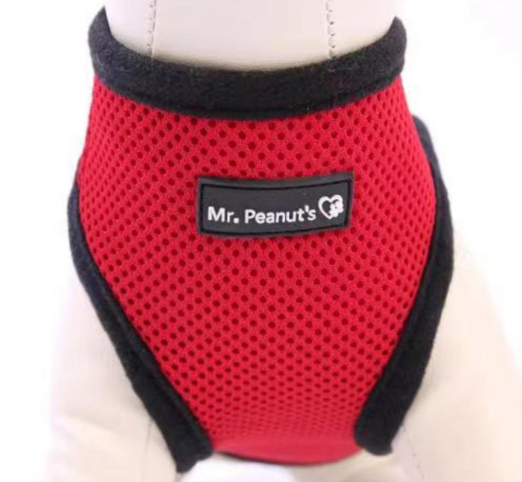 Red breathable mesh dog harness with black trim and front label patch