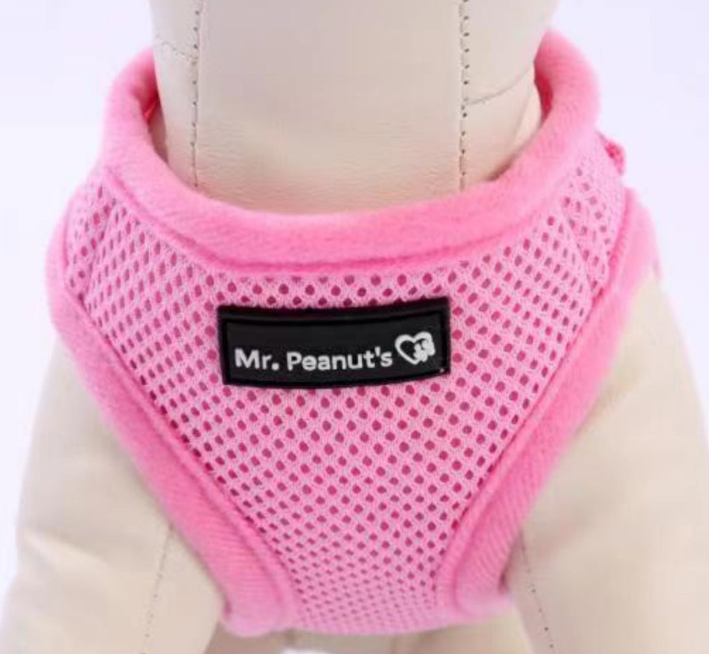 Pink breathable mesh dog harness with black trim and front label patch