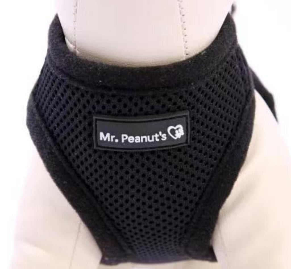Black soft mesh pet harness with front logo patch and adjustable straps