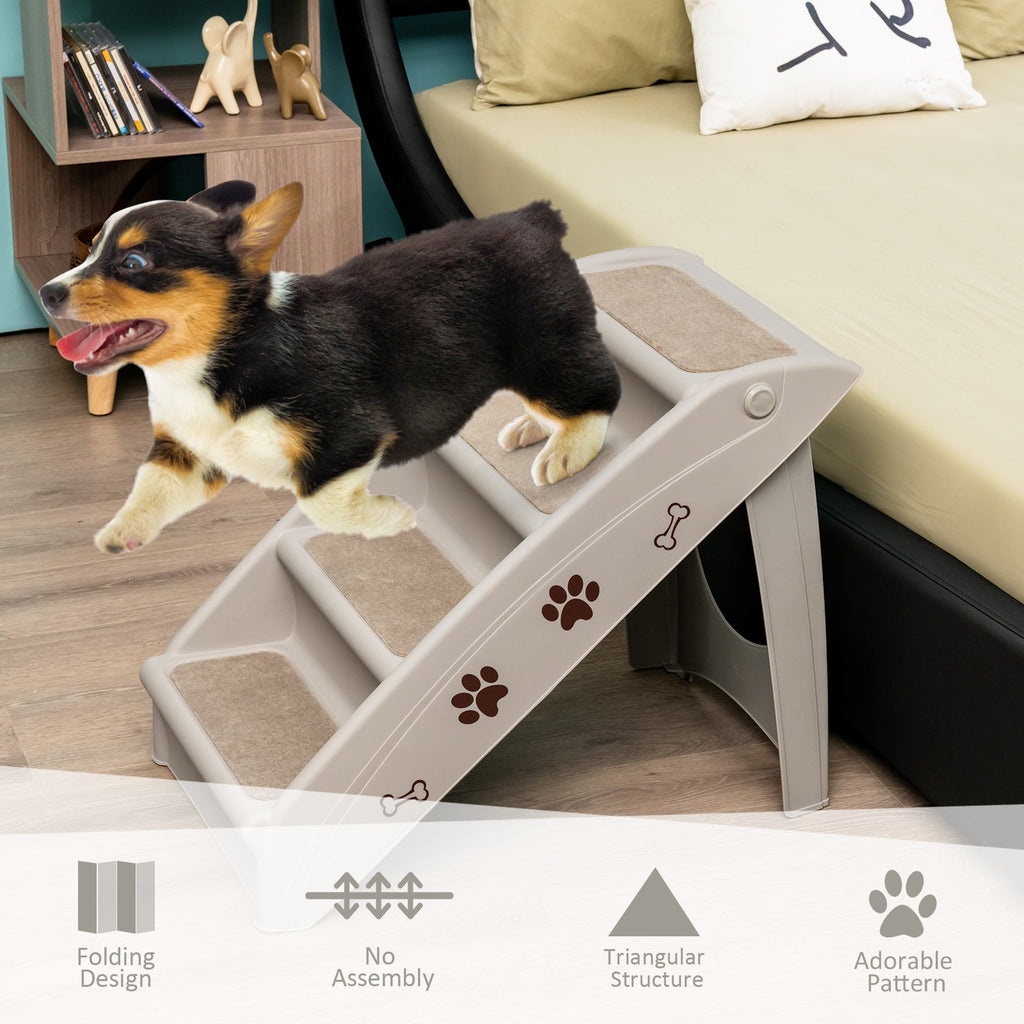 White 4-step collapsible plastic pet stairs with gray non-slip steps and paw bone and paw decals