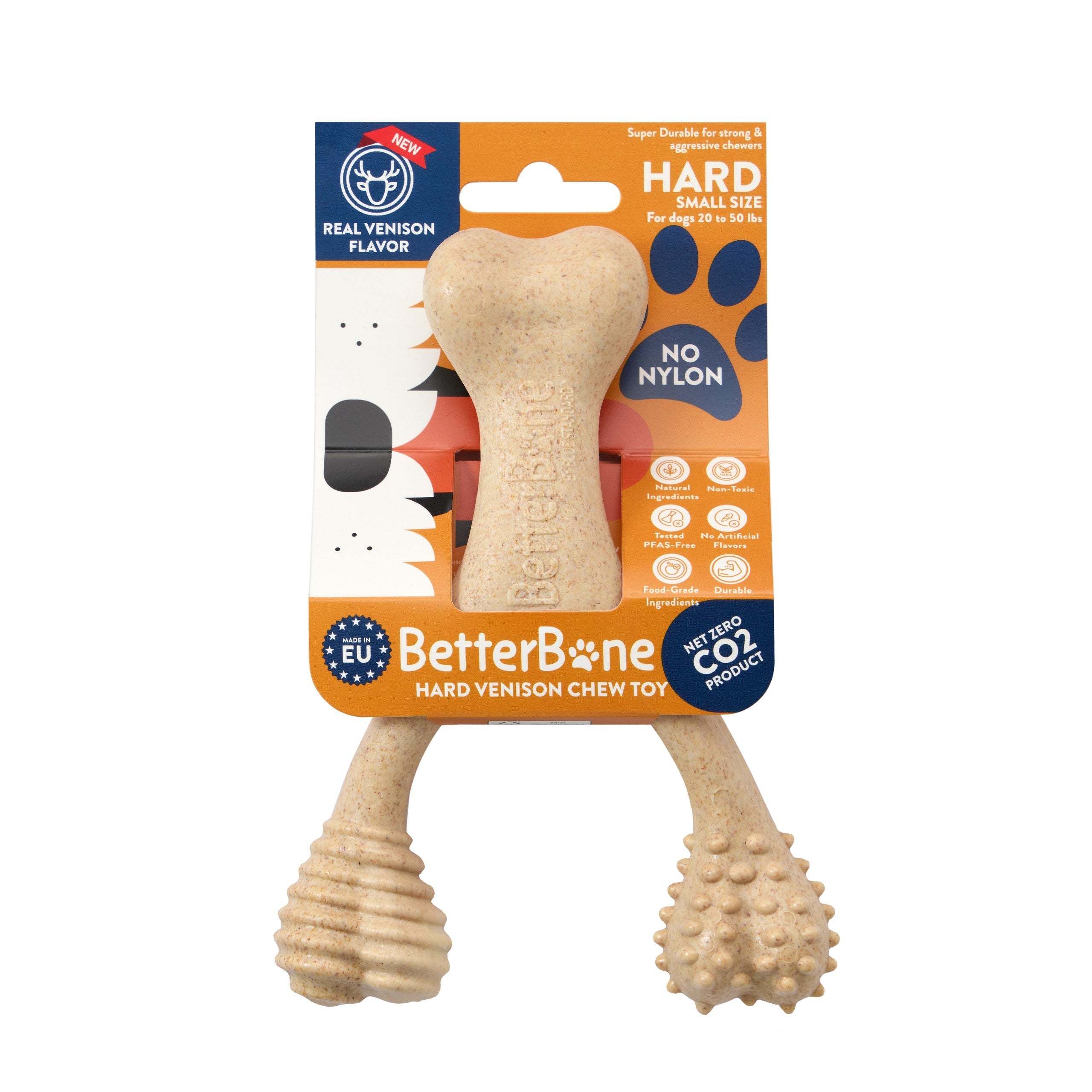 Hard venison chew bone toy, light beige, ribbed handle and nubby ball end