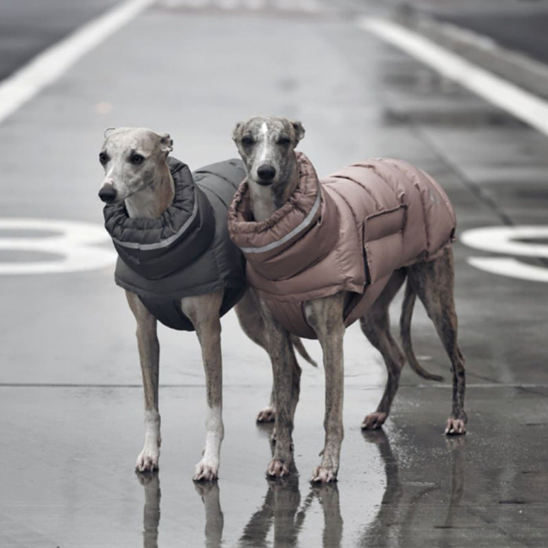 Grey and pink quilted dog winter vests with high collars and padded bodies