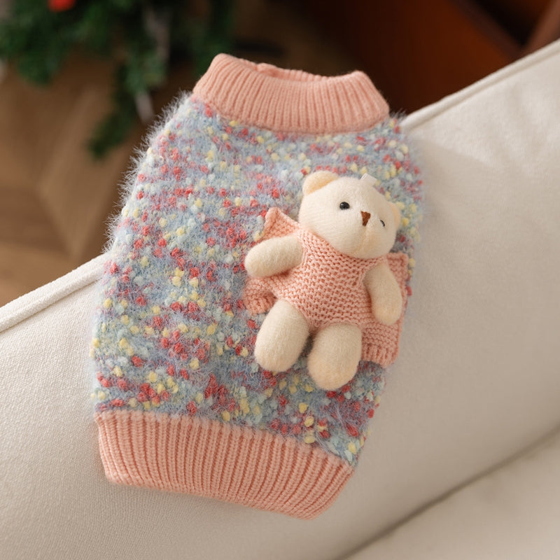 Multicolor knit pet sweater with teddy bear pocket and ribbed peach cuffs
