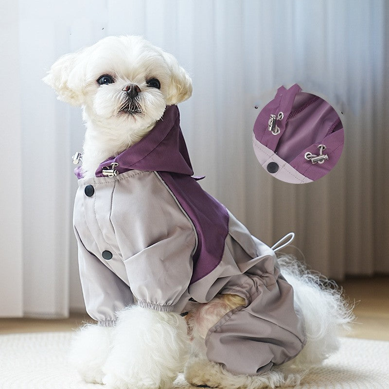 Pet raincoat with hood, purple upper and light gray lower, front button snaps