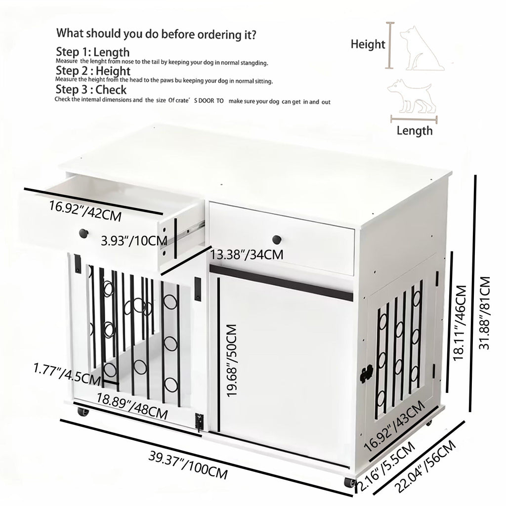 White dog crate furniture with side open panel and two drawers, size dimensions