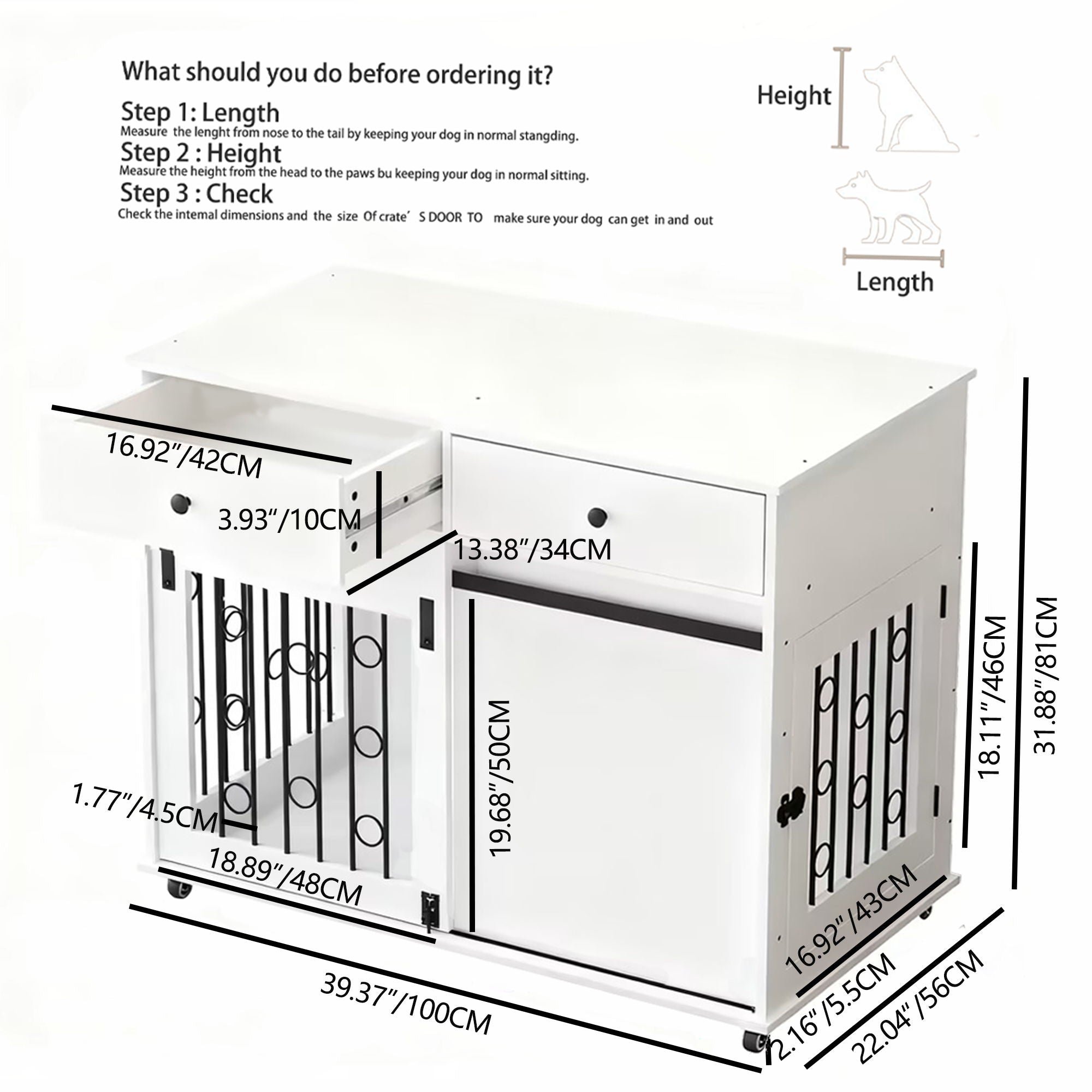 White dog crate furniture with side open panel and two drawers, size dimensions