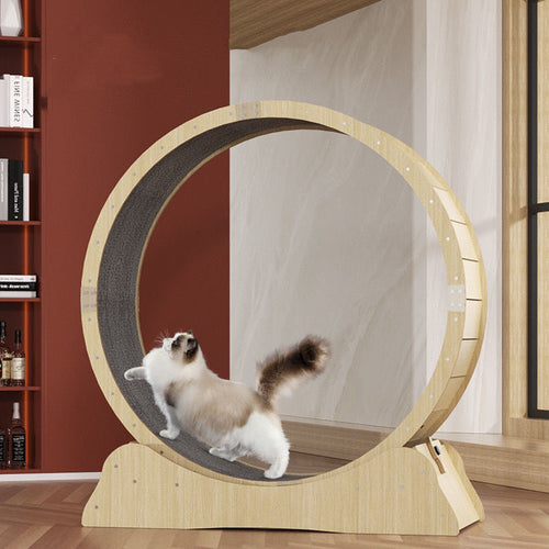Freestanding wooden cat exercise wheel with gray sisal interior and circular opening.