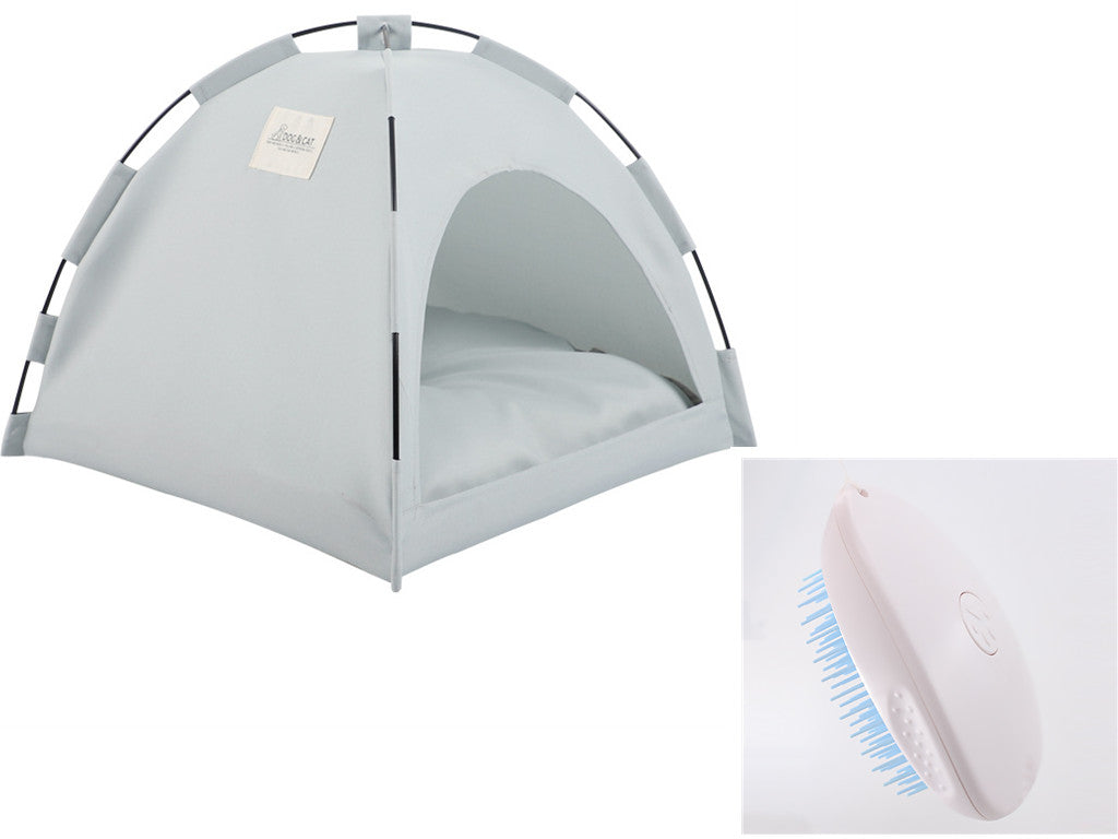 Light gray pet tent with arched entrance and padded cushion base, freestanding
