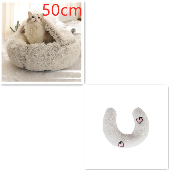 Gray round plush pet bed with cat; light gray U-shaped bolster with heart patches