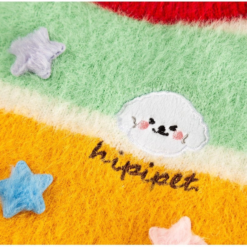 Color-block knit fabric with animal face patch and star appliques