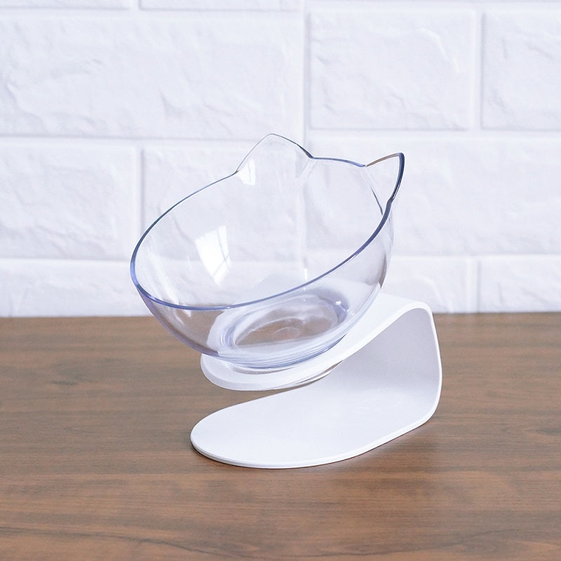 Raised single pet food bowl stand with one clear cat-shaped bowl and white base