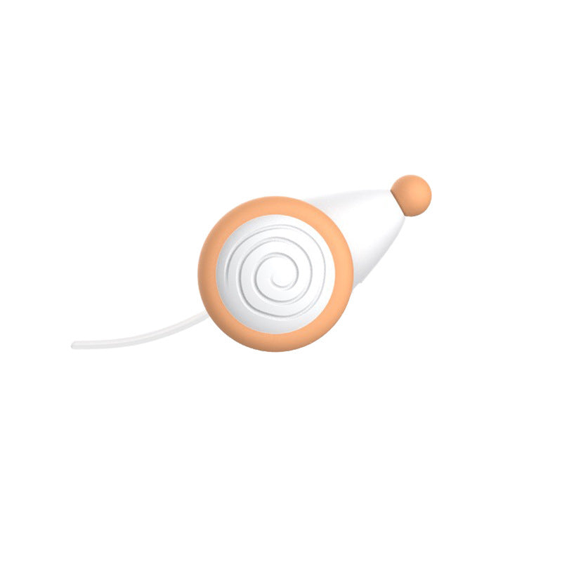Electric cat mouse toy, white and orange, with circular wheel face and orange nose ball.