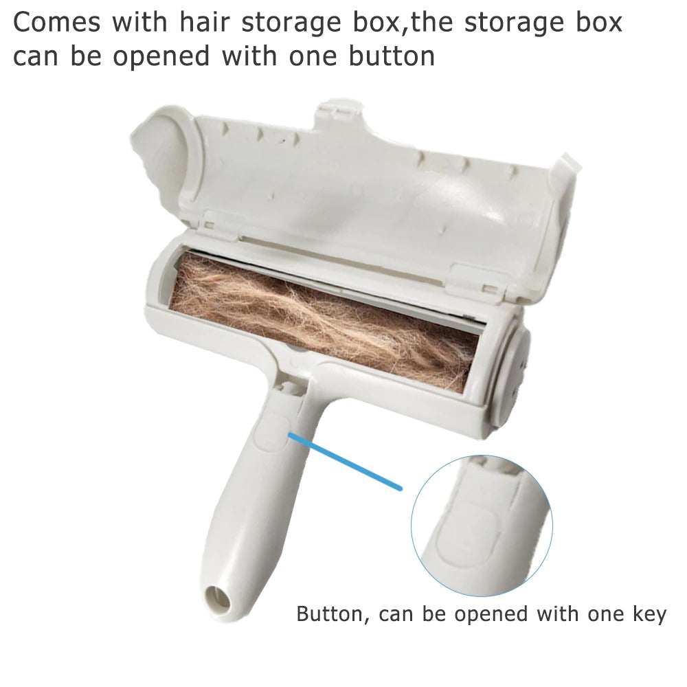 Pet hair remover with open storage box holding collected fur