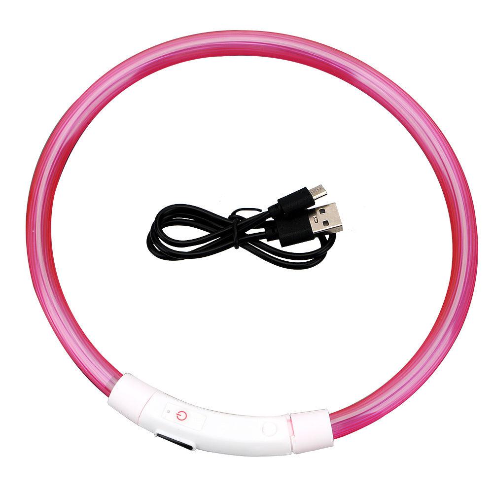 Pink USB rechargeable glow pet collar with flashing modes and USB charging cable