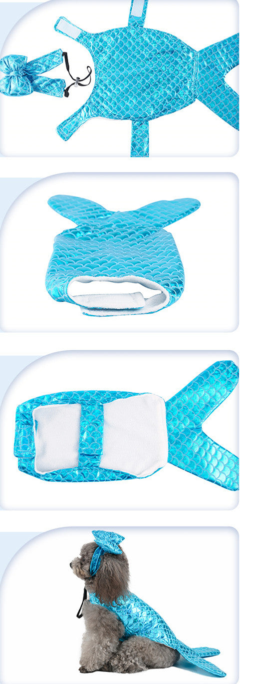 Blue mermaid pet costume detail panels with a dog wearing the outfit