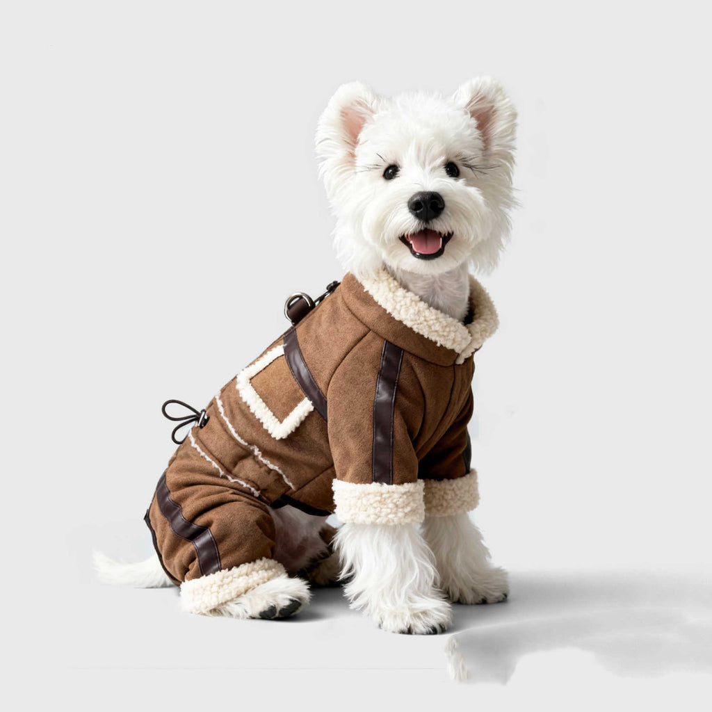Brown four-legged cotton-padded dog jacket with cream fleece lining and front zipper
