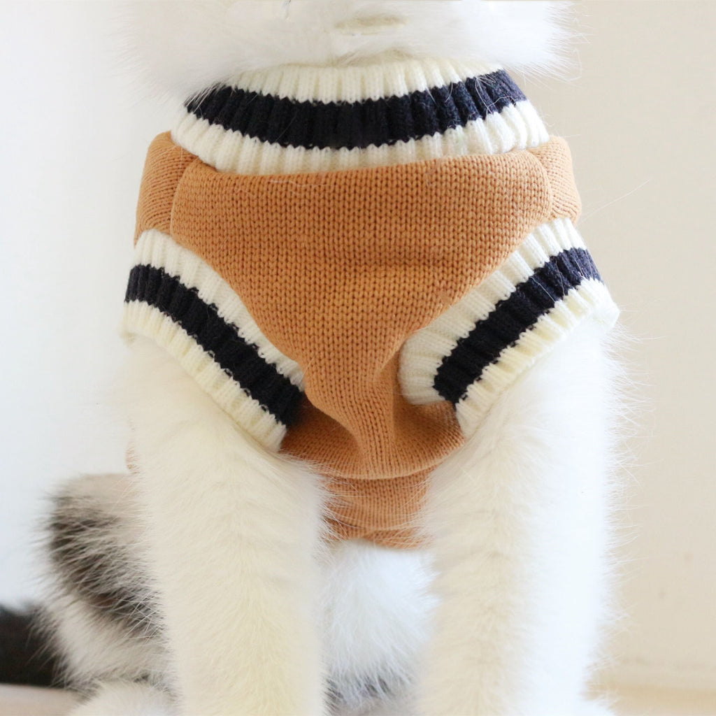 Cat knit sweater vest, tan/brown with striped collar and cuffed armholes