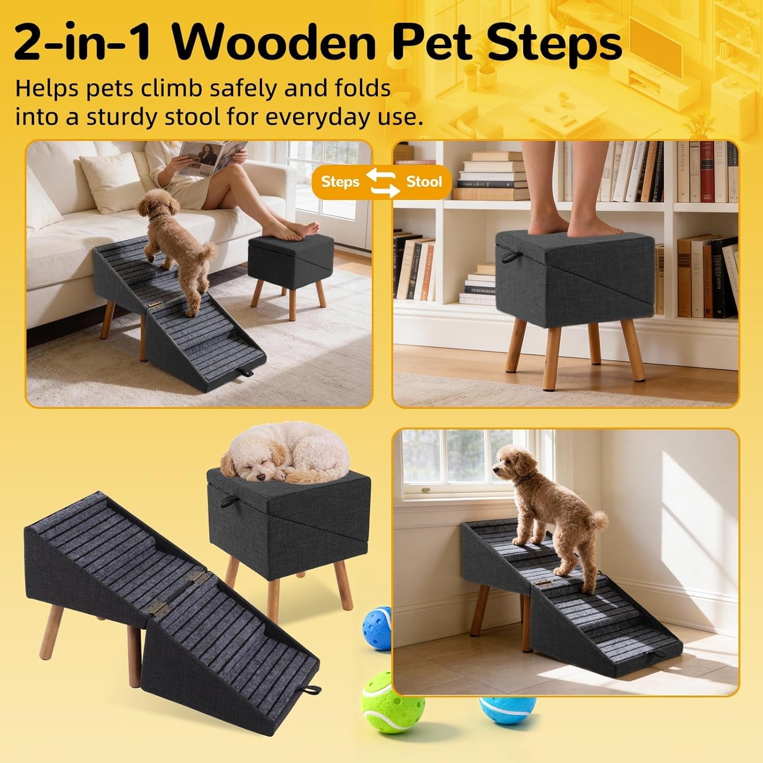2-in-1 pet stairs ottoman, dark gray fabric seat with foldable ramp and wood legs