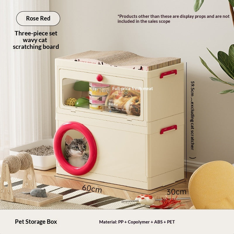 Pet storage box with cat scratcher, cream box with rose red pet ring and drawer