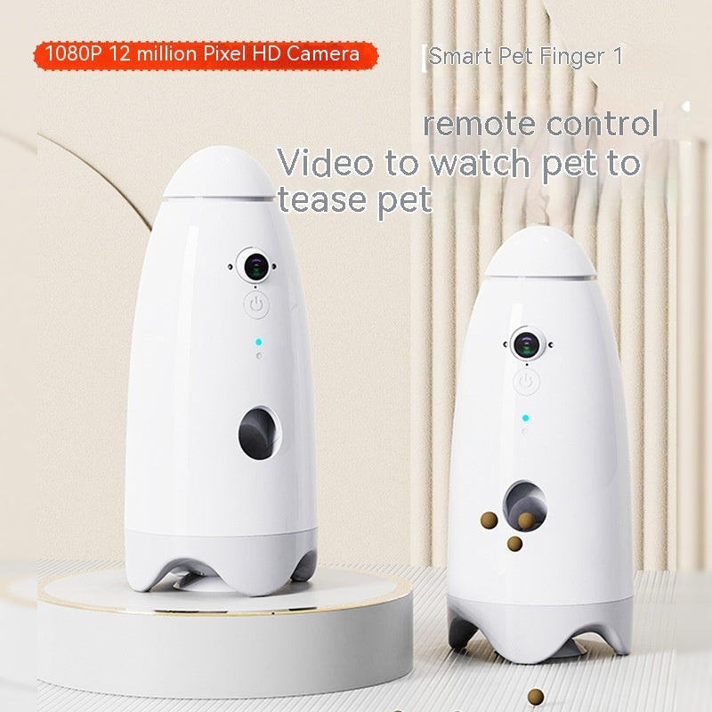 White smart pet feeder with camera, rotating nozzle and front dispense opening