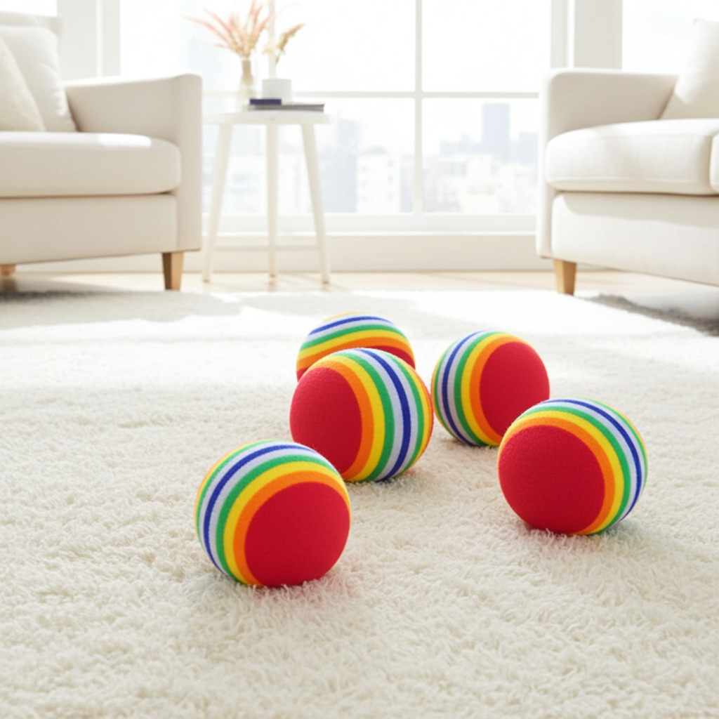 Rainbow pet play balls set of four, striped rainbow balls in red, yellow, green, blue.