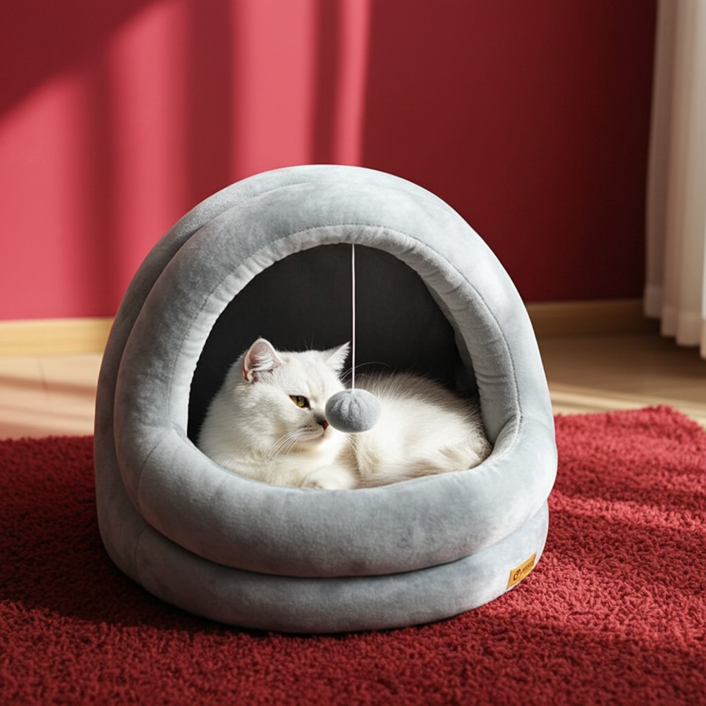 Gray cat house bed with oval cave and plush rim, includes round toy ball