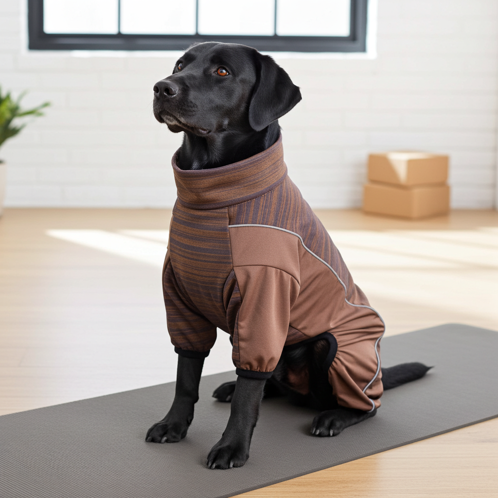 Dual-fabric dog tracksuit, brown outer with beige side panel