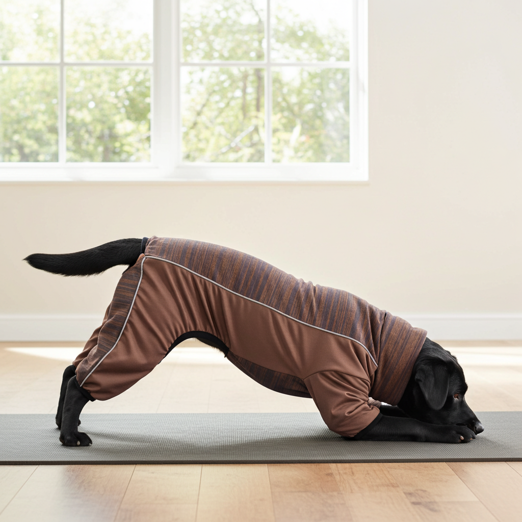 4-way stretch dog tracksuit, brown with darker striped accents and side seam panels