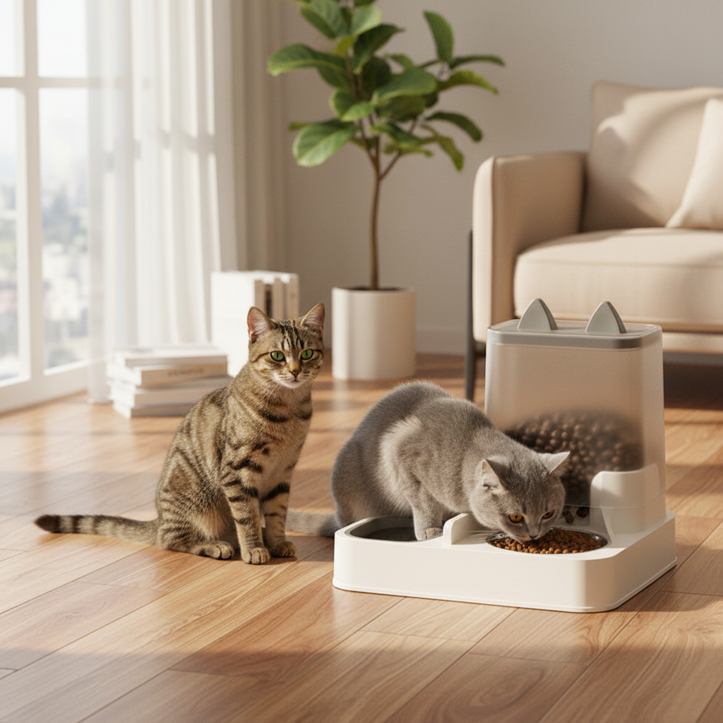 2-in-1 automatic pet feeder and water dispenser, cream with two compartments