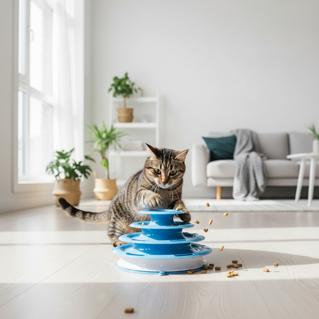 Blue 2-in-1 cat treat dispenser turntable with spring stem and suction base