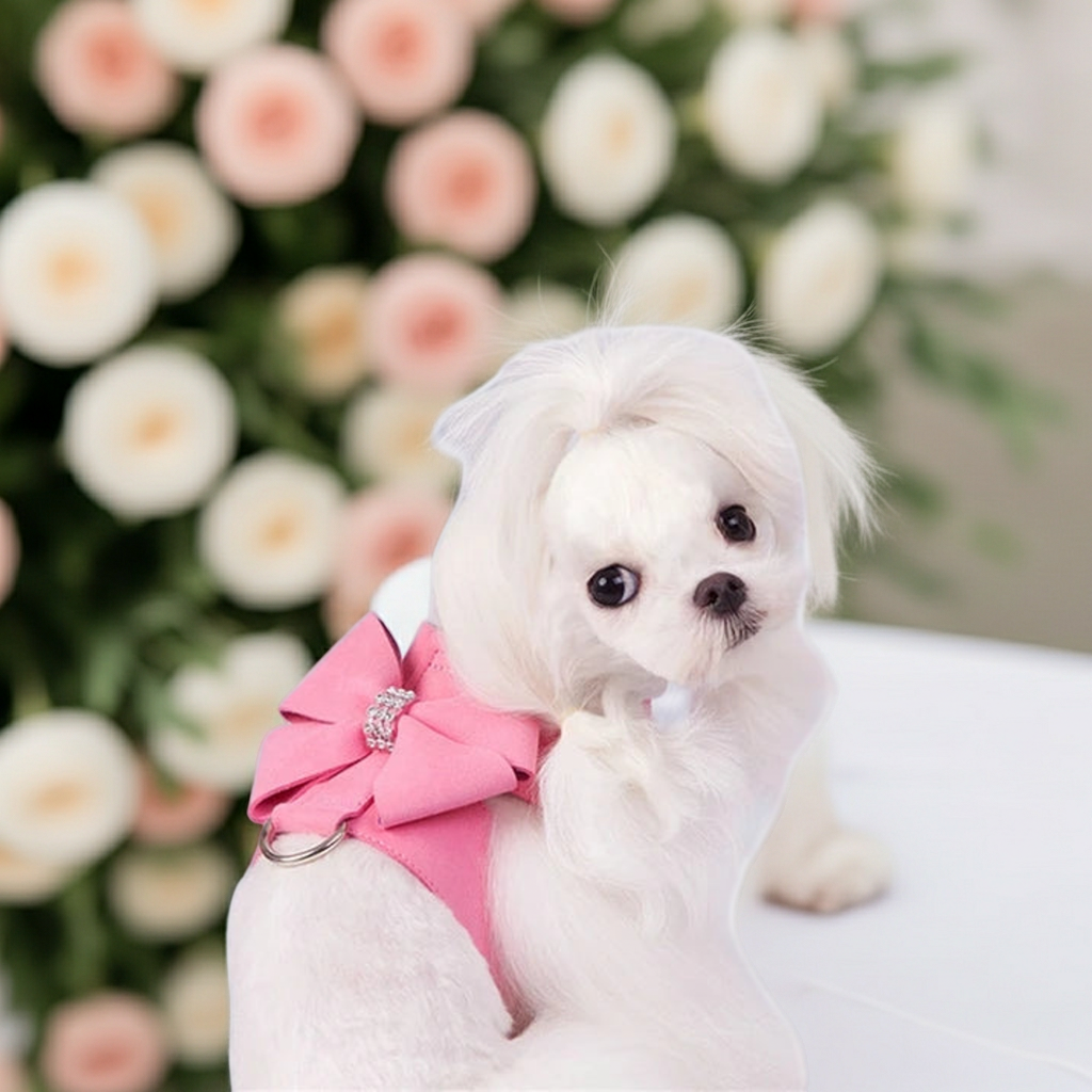 Pink rhinestone bow dog harness on small white dog with metal clasp