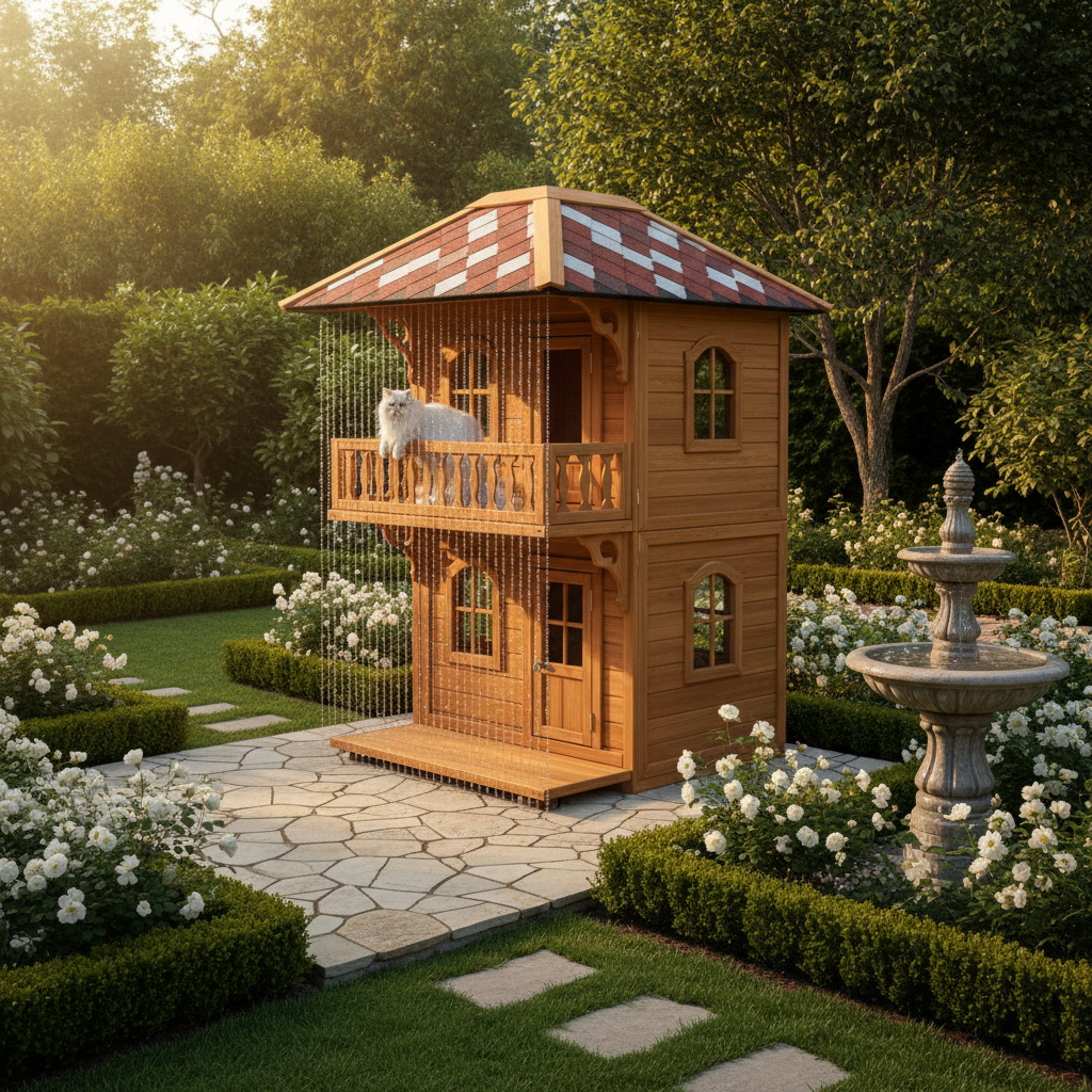 2-Story Wooden Cat House in Posh Backyard
