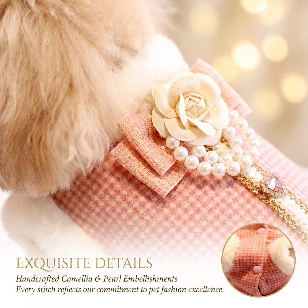 Pink tweed vest with faux fur edge, cream camellia flower, and pearl strand
