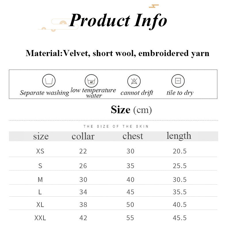 Pet cat clothes size chart and care: velvet short wool, embroidered yarn