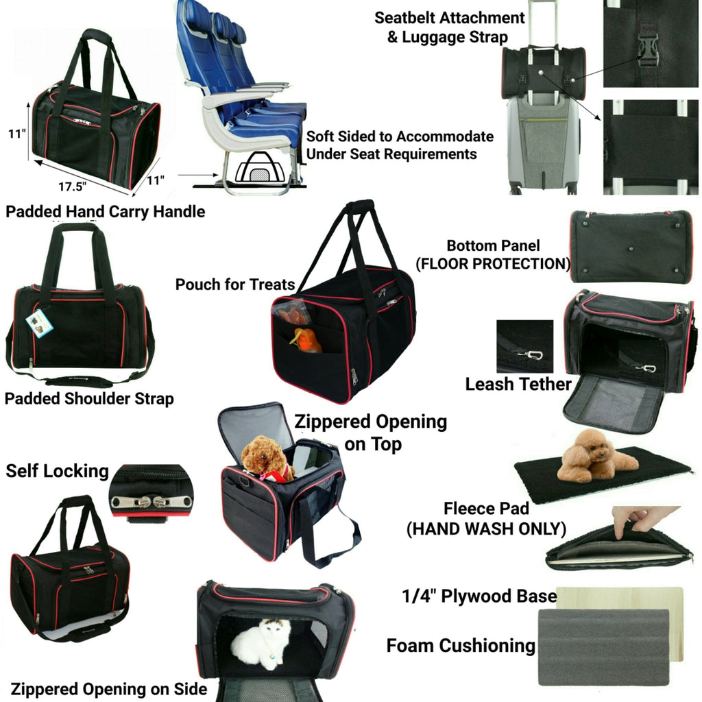 Soft-sided pet carrier accessory diagram showing padded handle, straps, and zip openings