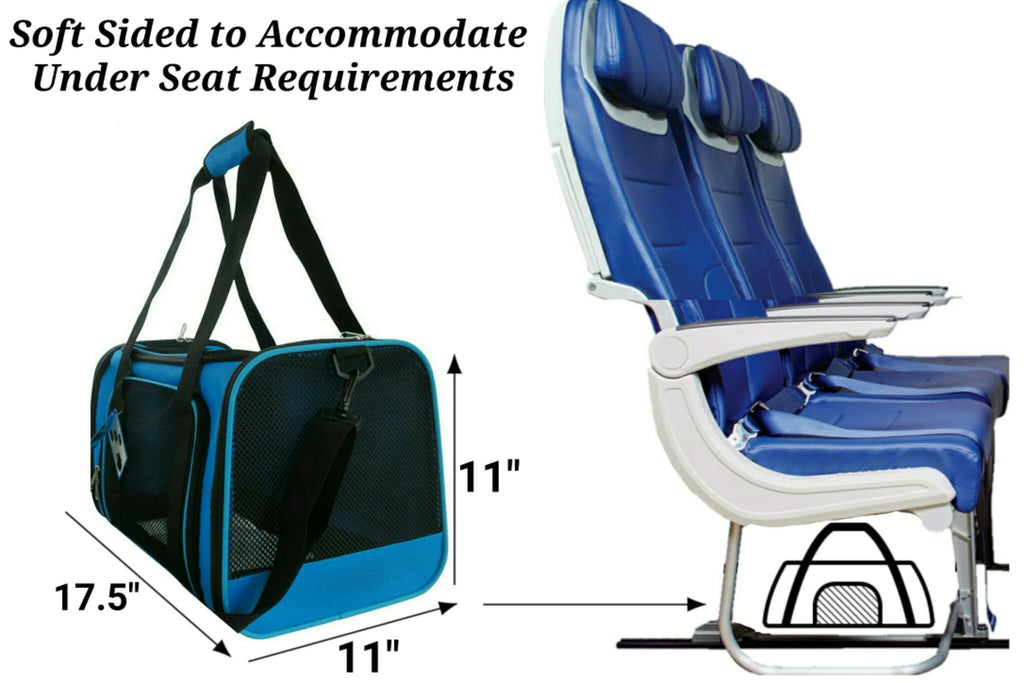 Soft-sided pet carrier with under-seat friendly shape and wide shoulder straps (blue)