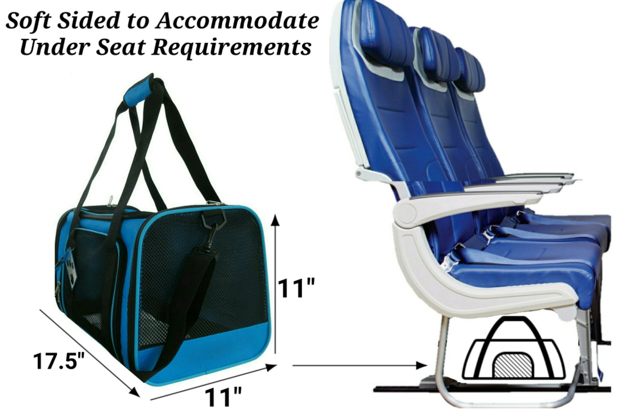 Soft-sided pet carrier with under-seat friendly shape and wide shoulder straps (blue)